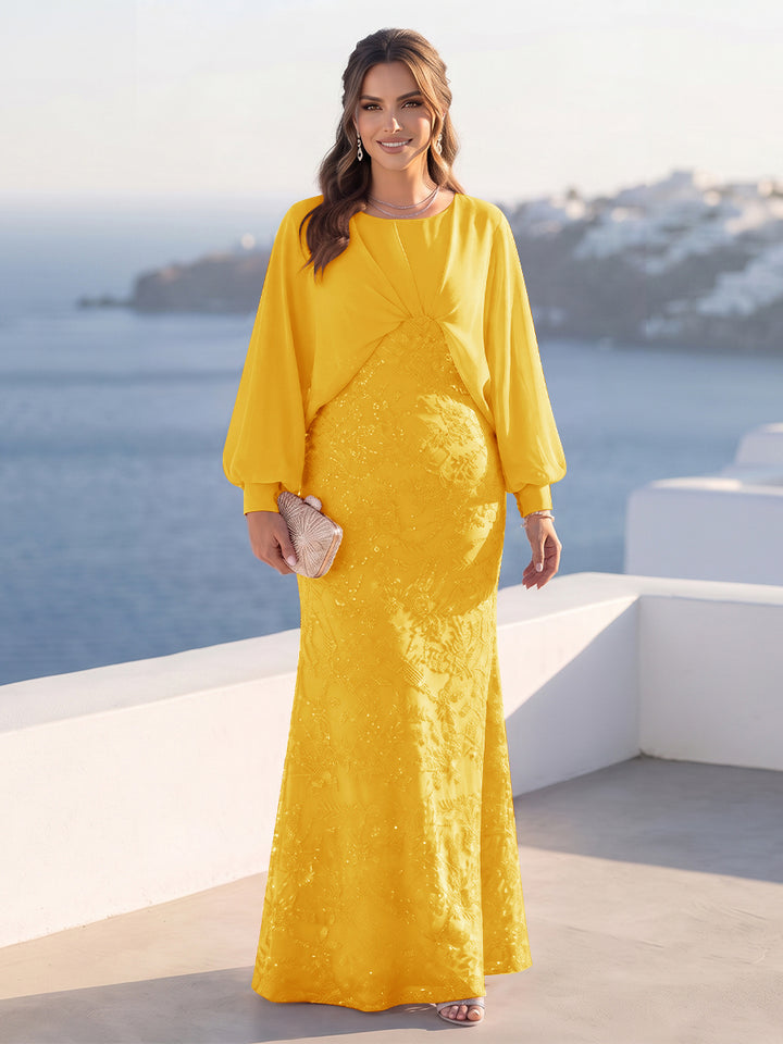 A-Line/Princess Long Sleeves Scoop Floor-Length Plus Size Mother of the Bride Dresses with Sequins &amp; Cape