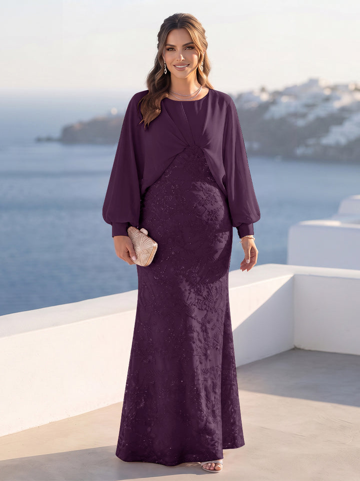 A-Line/Princess Long Sleeves Scoop Floor-Length Plus Size Mother of the Bride Dresses with Sequins &amp; Cape