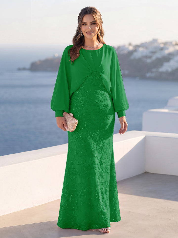 A-Line/Princess Long Sleeves Scoop Floor-Length Plus Size Mother of the Bride Dresses with Sequins &amp; Cape