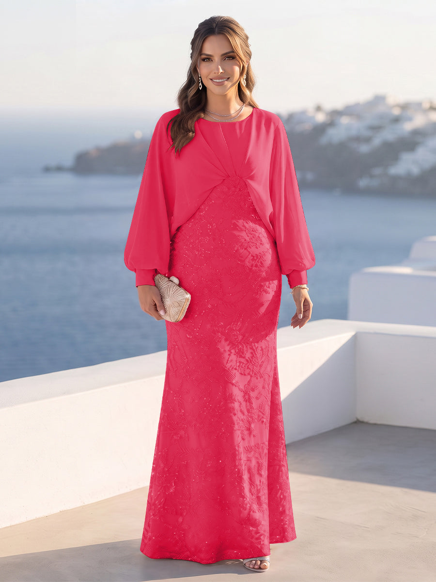A-Line/Princess Long Sleeves Scoop Floor-Length Plus Size Mother of the Bride Dresses with Sequins &amp; Cape