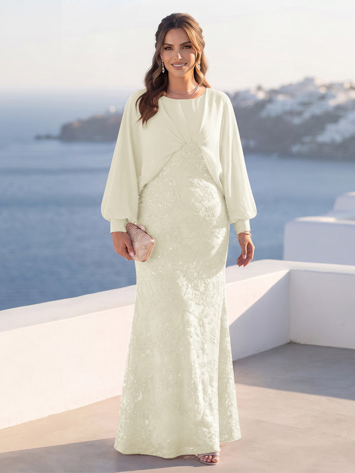 A-Line/Princess Long Sleeves Scoop Floor-Length Plus Size Mother of the Bride Dresses with Sequins &amp; Cape