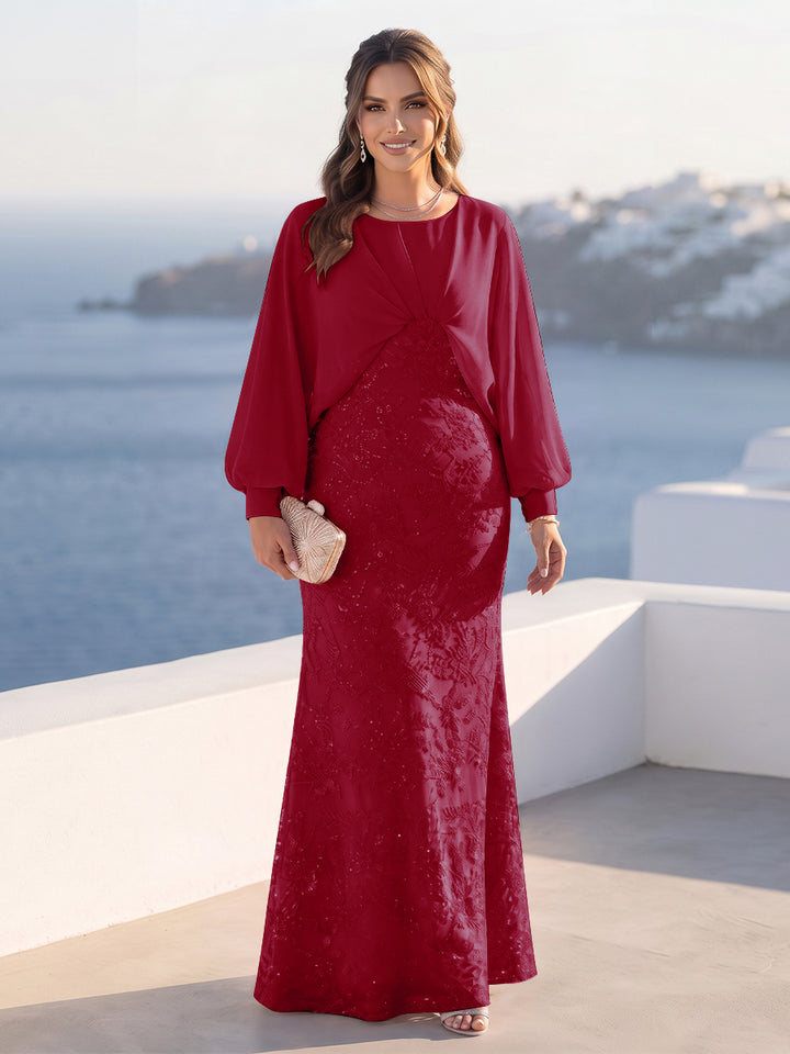 A-Line/Princess Long Sleeves Scoop Floor-Length Plus Size Mother of the Bride Dresses with Sequins &amp; Cape
