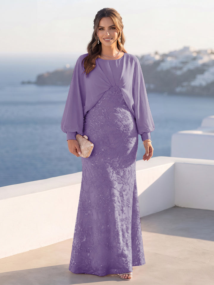 A-Line/Princess Long Sleeves Scoop Floor-Length Plus Size Mother of the Bride Dresses with Sequins &amp; Cape