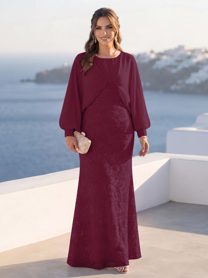 A-Line/Princess Long Sleeves Scoop Floor-Length Plus Size Mother of the Bride Dresses with Sequins &amp; Cape