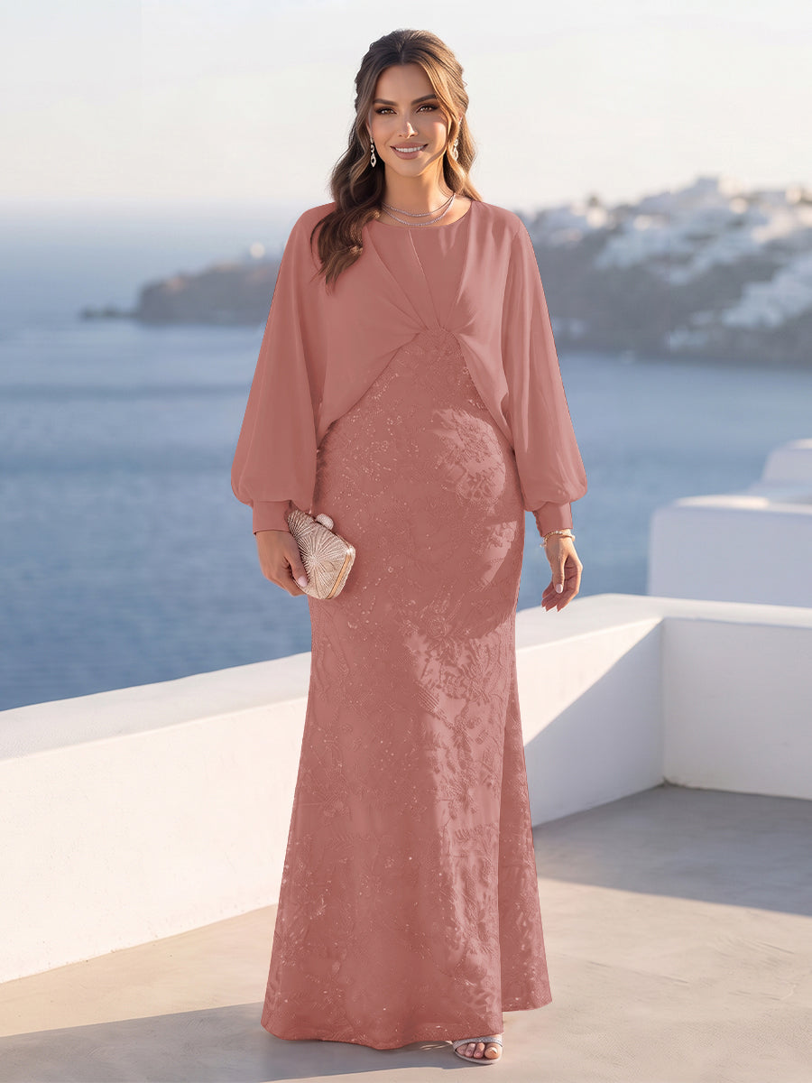 A-Line/Princess Long Sleeves Scoop Floor-Length Plus Size Mother of the Bride Dresses with Sequins &amp; Cape