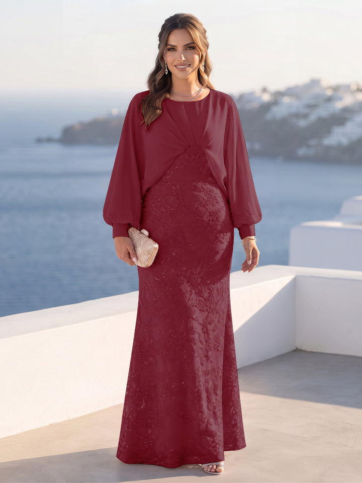 A-Line/Princess Long Sleeves Scoop Floor-Length Plus Size Mother of the Bride Dresses with Sequins &amp; Cape