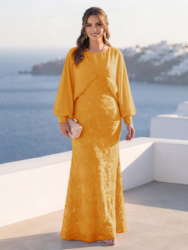 A-Line/Princess Long Sleeves Scoop Floor-Length Plus Size Mother of the Bride Dresses with Sequins &amp; Cape