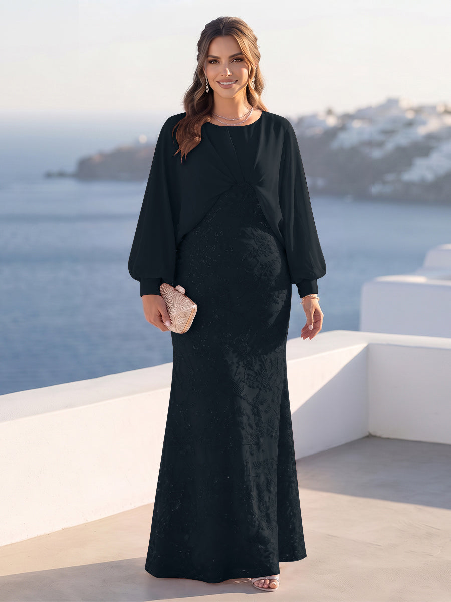 A-Line/Princess Long Sleeves Scoop Floor-Length Plus Size Mother of the Bride Dresses with Sequins &amp; Cape