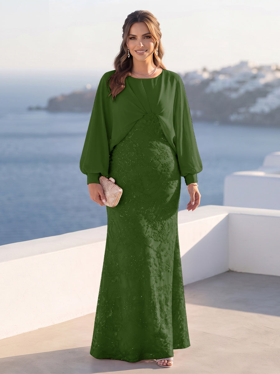 A-Line/Princess Long Sleeves Scoop Floor-Length Plus Size Mother of the Bride Dresses with Sequins &amp; Cape