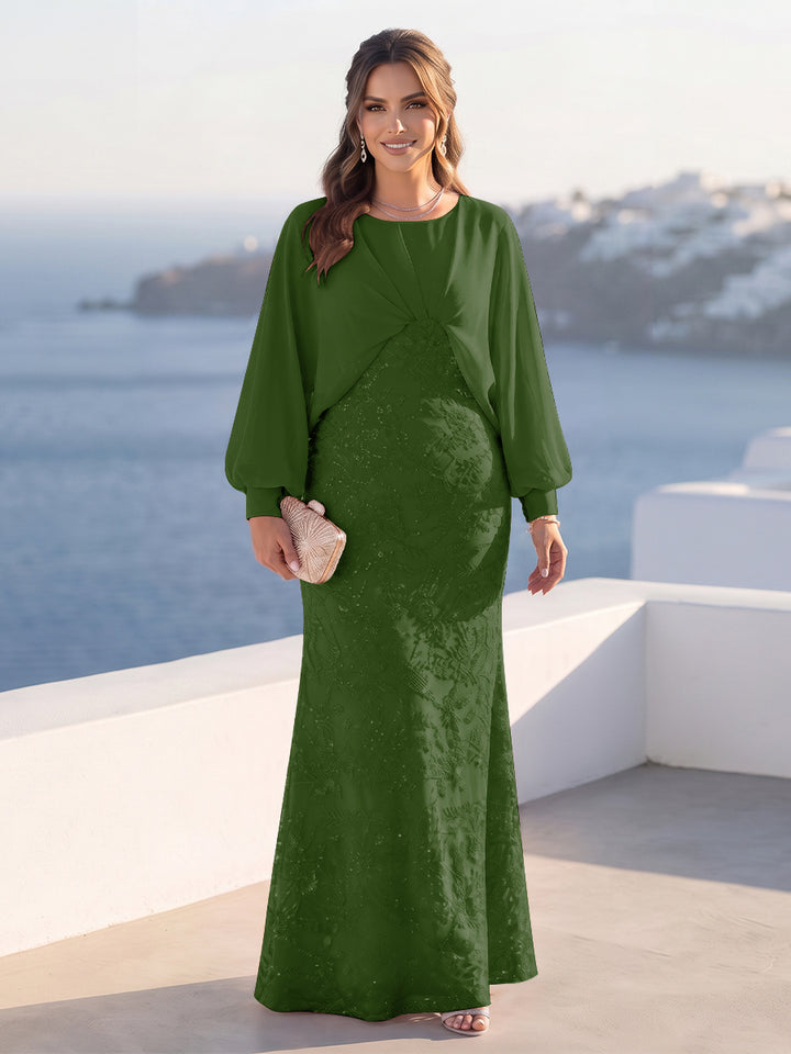 A-Line/Princess Long Sleeves Scoop Floor-Length Plus Size Mother of the Bride Dresses with Sequins &amp; Cape