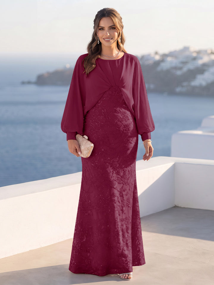 A-Line/Princess Long Sleeves Scoop Floor-Length Plus Size Mother of the Bride Dresses with Sequins &amp; Cape