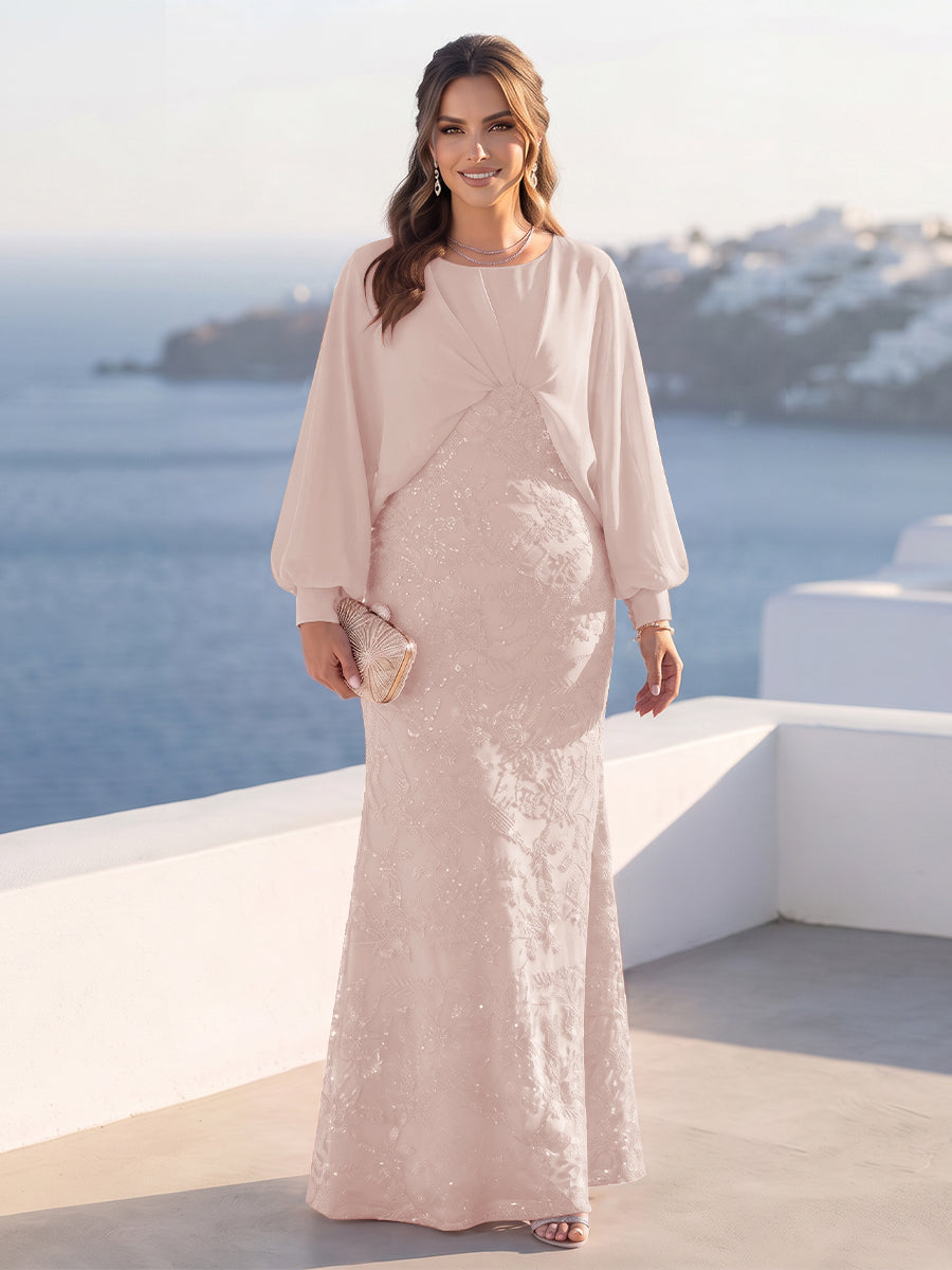 A-Line/Princess Long Sleeves Scoop Floor-Length Plus Size Mother of the Bride Dresses with Sequins &amp; Cape