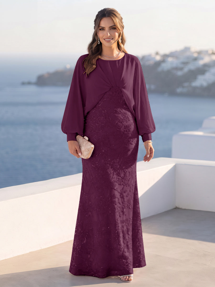 A-Line/Princess Long Sleeves Scoop Floor-Length Plus Size Mother of the Bride Dresses with Sequins &amp; Cape
