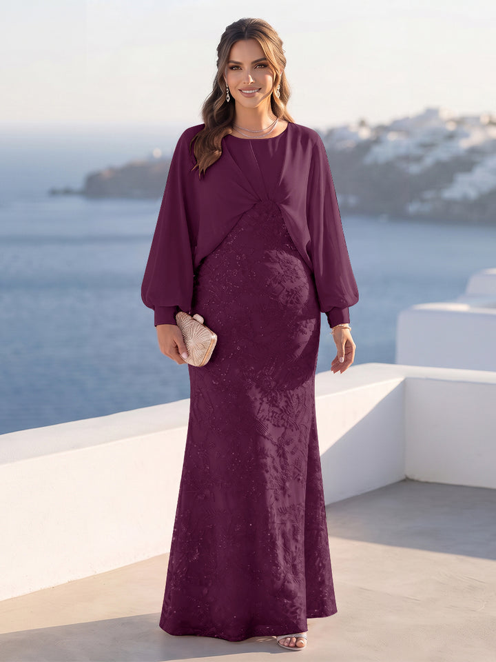 A-Line/Princess Long Sleeves Scoop Floor-Length Plus Size Mother of the Bride Dresses with Sequins &amp; Cape