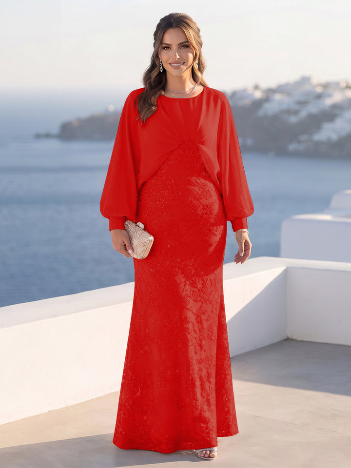 A-Line/Princess Long Sleeves Scoop Floor-Length Plus Size Mother of the Bride Dresses with Sequins &amp; Cape