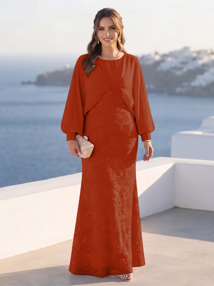 A-Line/Princess Long Sleeves Scoop Floor-Length Plus Size Mother of the Bride Dresses with Sequins &amp; Cape