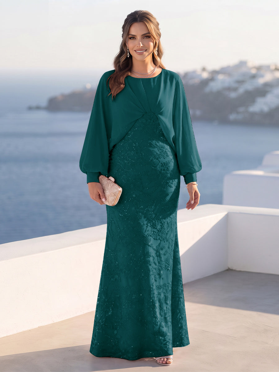 A-Line/Princess Long Sleeves Scoop Floor-Length Plus Size Mother of the Bride Dresses with Sequins &amp; Cape