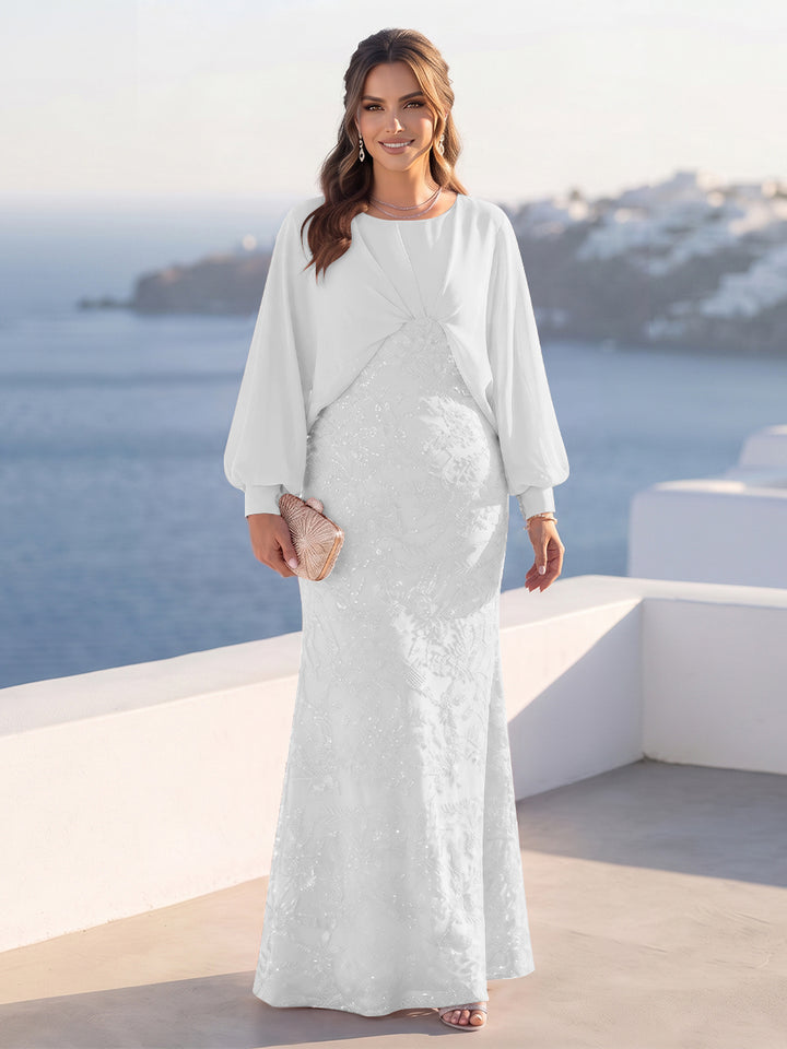 A-Line/Princess Long Sleeves Scoop Floor-Length Plus Size Mother of the Bride Dresses with Sequins &amp; Cape