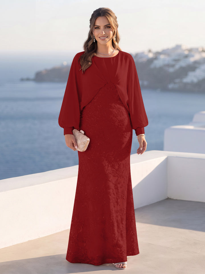 A-Line/Princess Long Sleeves Scoop Floor-Length Plus Size Mother of the Bride Dresses with Sequins &amp; Cape