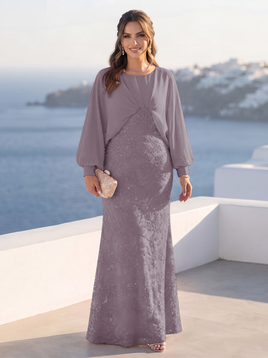 A-Line/Princess Long Sleeves Scoop Floor-Length Plus Size Mother of the Bride Dresses with Sequins &amp; Cape