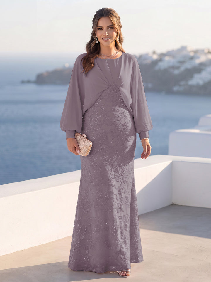 A-Line/Princess Long Sleeves Scoop Floor-Length Plus Size Mother of the Bride Dresses with Sequins &amp; Cape