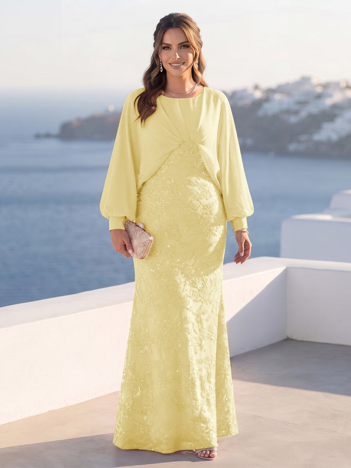 A-Line/Princess Long Sleeves Scoop Floor-Length Plus Size Mother of the Bride Dresses with Sequins &amp; Cape