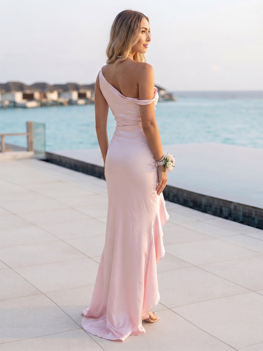 Trumpet/Mermaid Off-the- Shoulder Sleeveless Bridesmaid Dresses with Split Side &amp; Ruffles