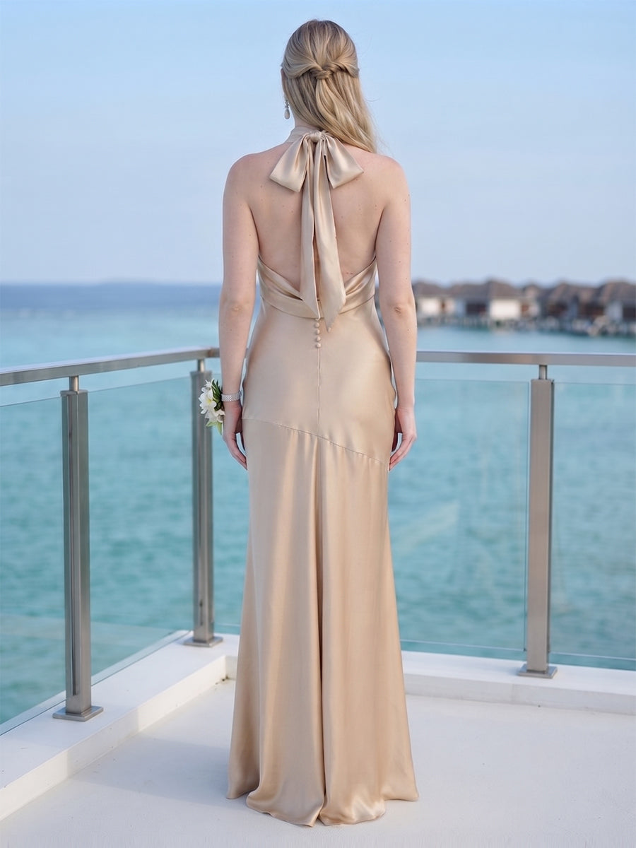 Trumpet/Mermaid Halter Sleeveless Floor-length Bridesmaid Dresses with Ruched &amp; Bowknot