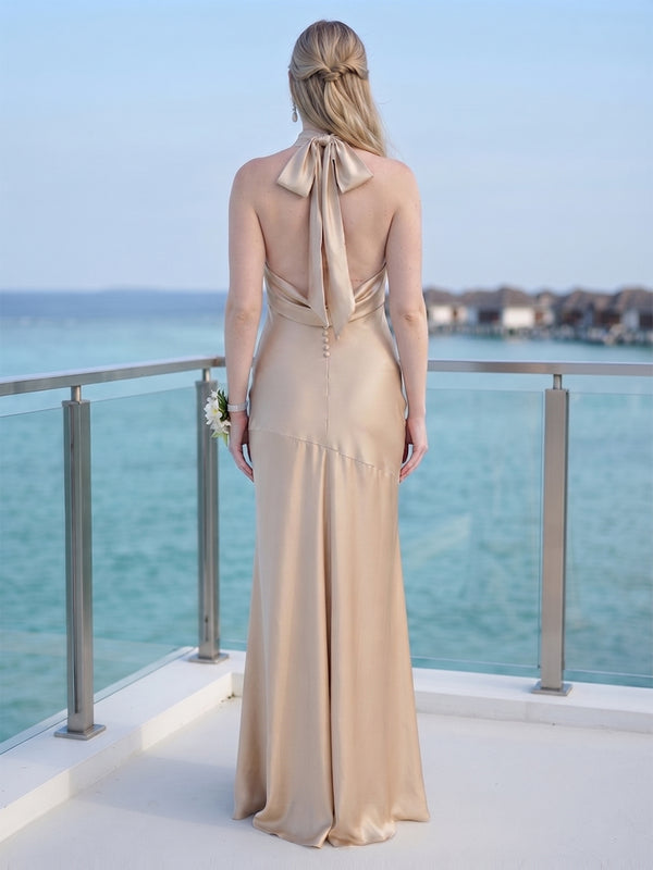 Trumpet/Mermaid Halter Sleeveless Floor-length Bridesmaid Dresses with Ruched & Bowknot