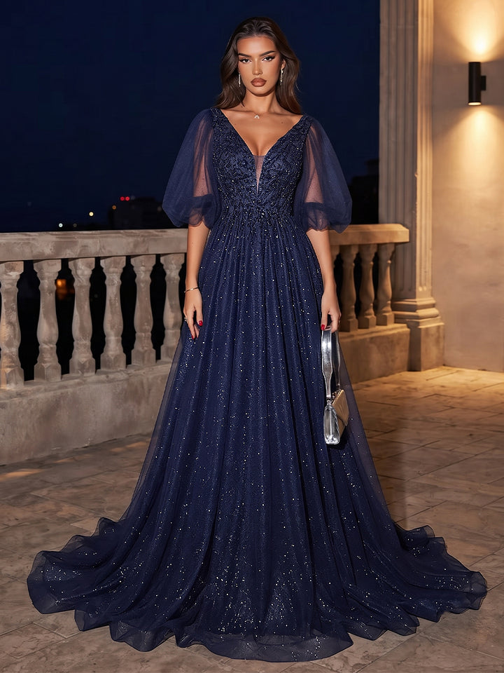 A-Line/Princess V-Neck Short Sleeves Floor-Length Evening Dresses with Beading &amp; Lace