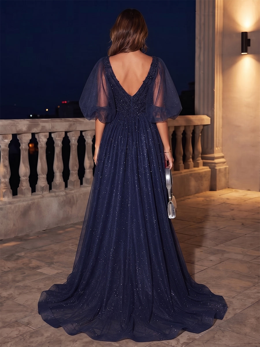A-Line/Princess V-Neck Short Sleeves Floor-Length Evening Dresses with Beading &amp; Lace