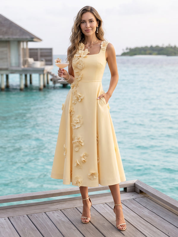 A-Line/Princess Square Neck Sleeveless Tea-Length Cocktail Dresses With Ruched & 3D Floral