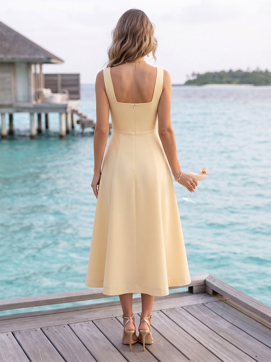 A-Line/Princess Square Neck Sleeveless Tea-Length Cocktail Dresses With Ruched &amp; 3D Floral