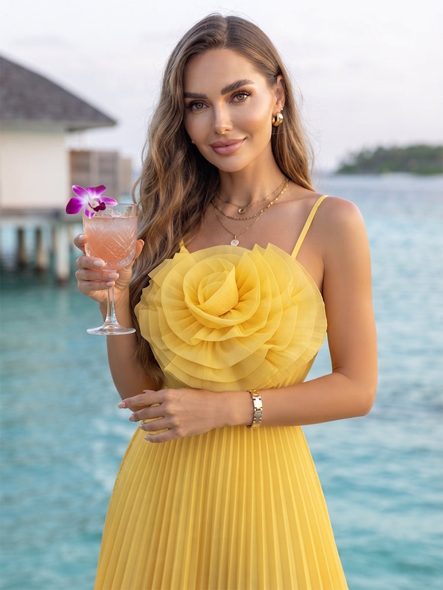 A-Line/Princess Spaghetti Straps Sleeveless Ankle-Length Cocktail Dresses With 3D Floral &amp; Pleats