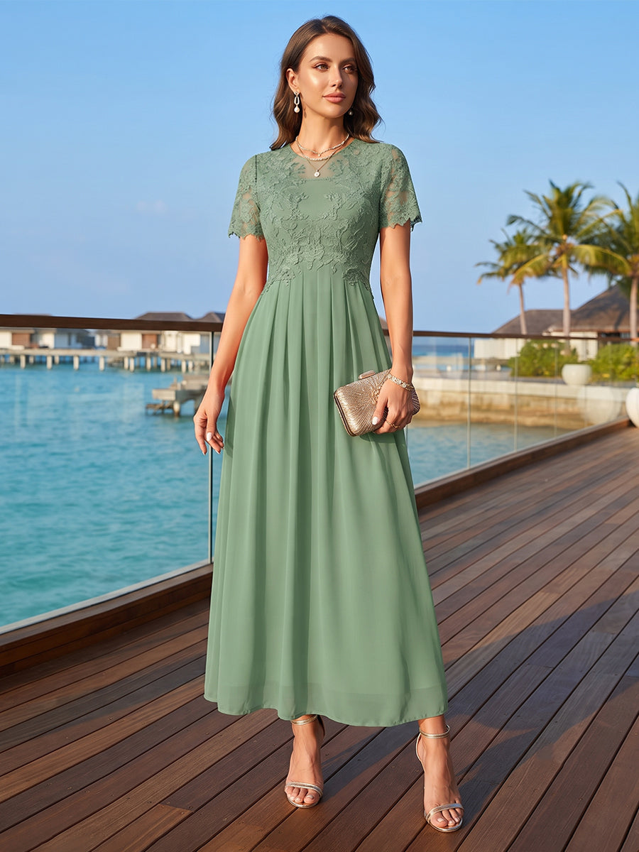 A-Line/Princess Scoop Short Sleeves Ankle-Length Mother of the Bride Dresses with Pleated