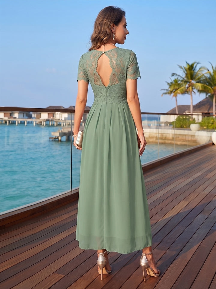 A-Line/Princess Scoop Short Sleeves Ankle-Length Mother of the Bride Dresses with Pleated