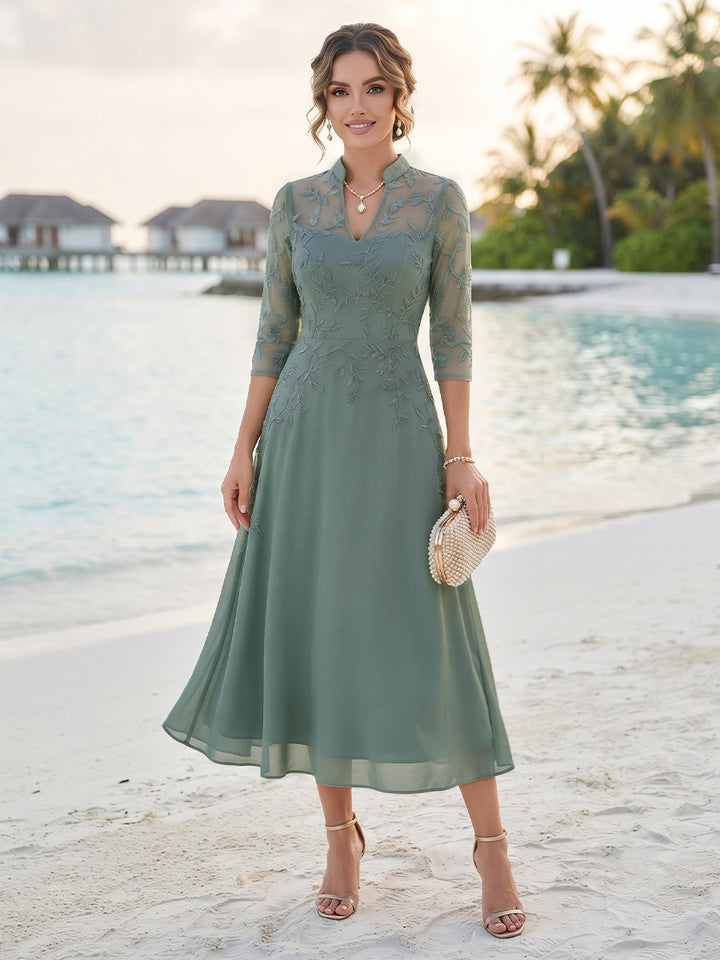 A-Line/Princess 3/4 Sleeves V-Neck Tea-Length Mother Of The Bride Dresses With Sequins &amp; Beading