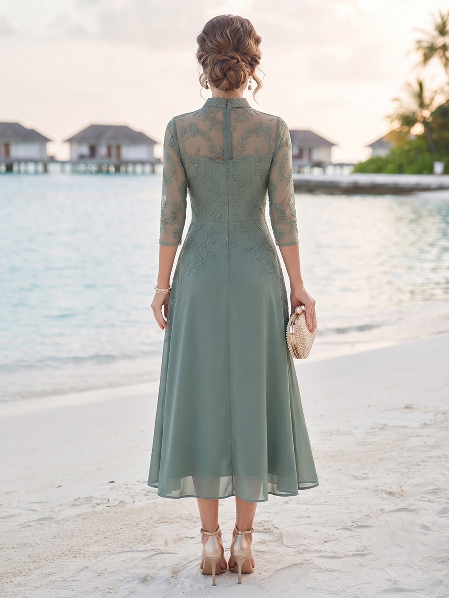 A-Line/Princess 3/4 Sleeves V-Neck Tea-Length Mother Of The Bride Dresses With Sequins &amp; Beading