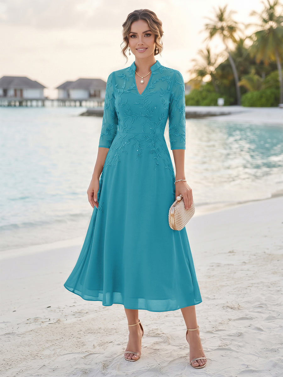 A-Line/Princess 3/4 Sleeves V-Neck Tea-Length Mother Of The Bride Dresses With Sequins &amp; Beading