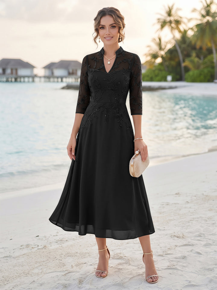 A-Line/Princess 3/4 Sleeves V-Neck Tea-Length Mother Of The Bride Dresses With Sequins &amp; Beading