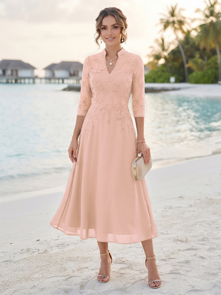 A-Line/Princess 3/4 Sleeves V-Neck Tea-Length Mother Of The Bride Dresses With Sequins &amp; Beading