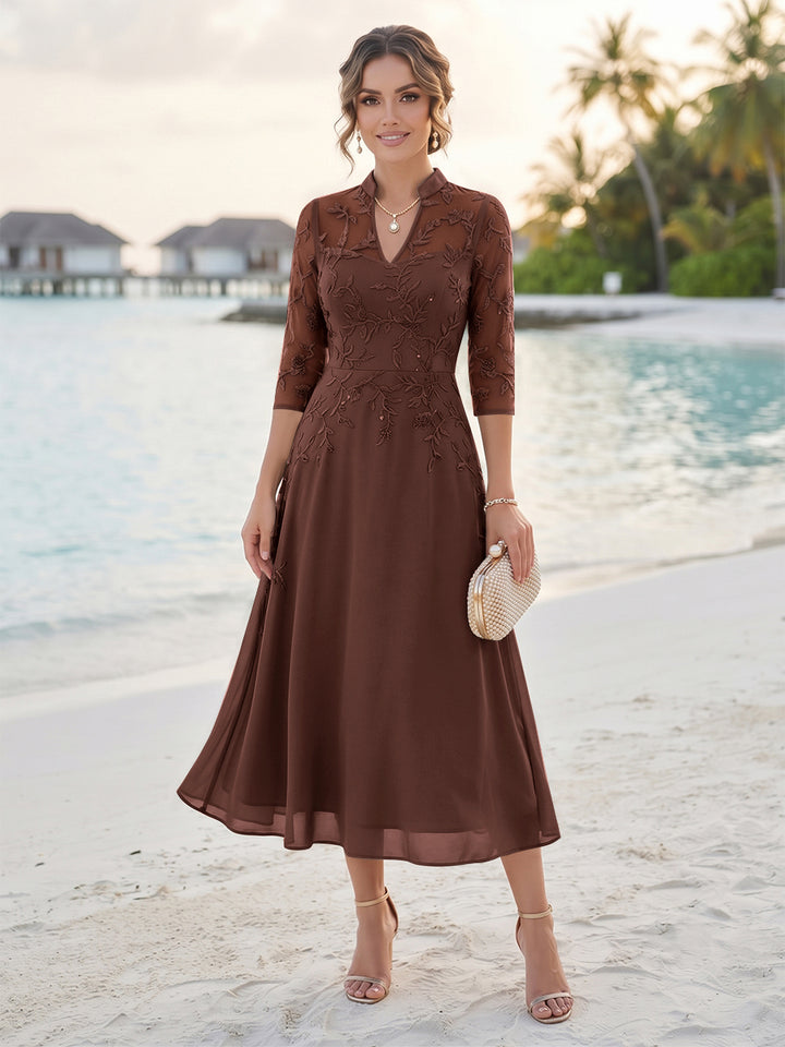 A-Line/Princess 3/4 Sleeves V-Neck Tea-Length Mother Of The Bride Dresses With Sequins &amp; Beading