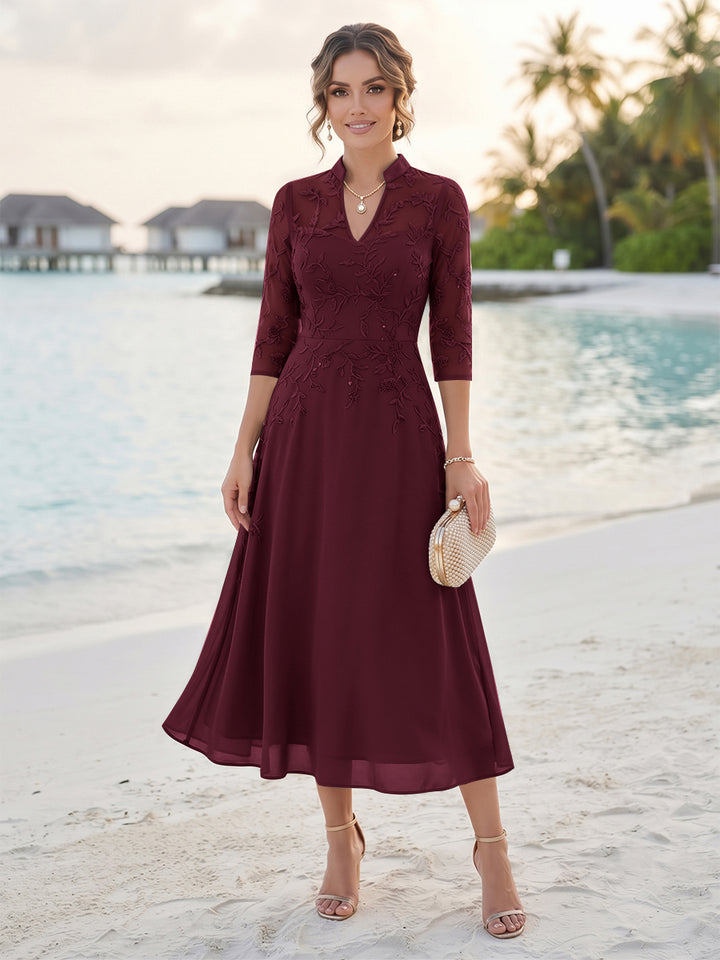A-Line/Princess 3/4 Sleeves V-Neck Tea-Length Mother Of The Bride Dresses With Sequins &amp; Beading