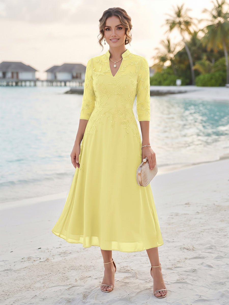 A-Line/Princess 3/4 Sleeves V-Neck Tea-Length Mother Of The Bride Dresses With Sequins &amp; Beading
