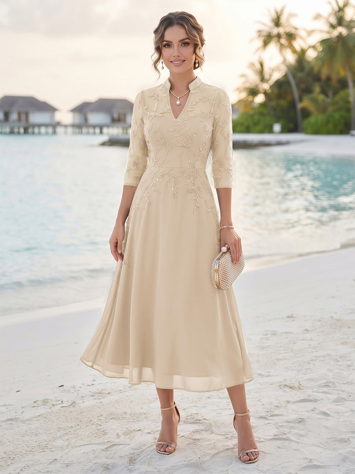 A-Line/Princess 3/4 Sleeves V-Neck Tea-Length Mother Of The Bride Dresses With Sequins &amp; Beading