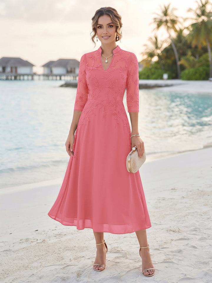 A-Line/Princess 3/4 Sleeves V-Neck Tea-Length Mother Of The Bride Dresses With Sequins &amp; Beading
