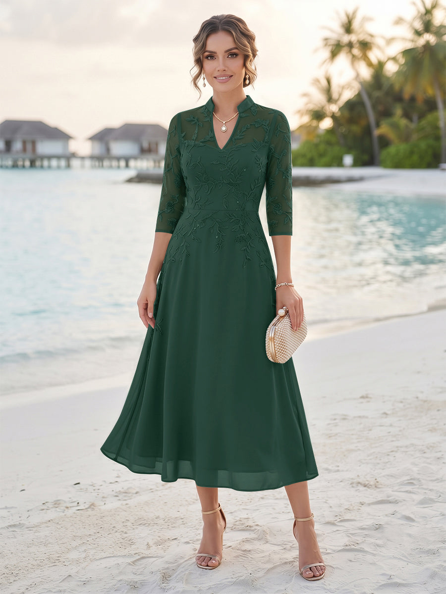 A-Line/Princess 3/4 Sleeves V-Neck Tea-Length Mother Of The Bride Dresses With Sequins &amp; Beading