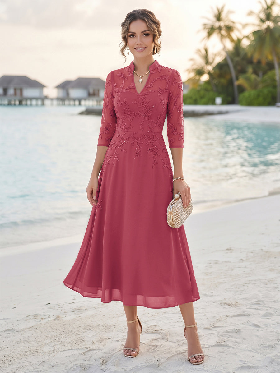 A-Line/Princess 3/4 Sleeves V-Neck Tea-Length Mother Of The Bride Dresses With Sequins &amp; Beading
