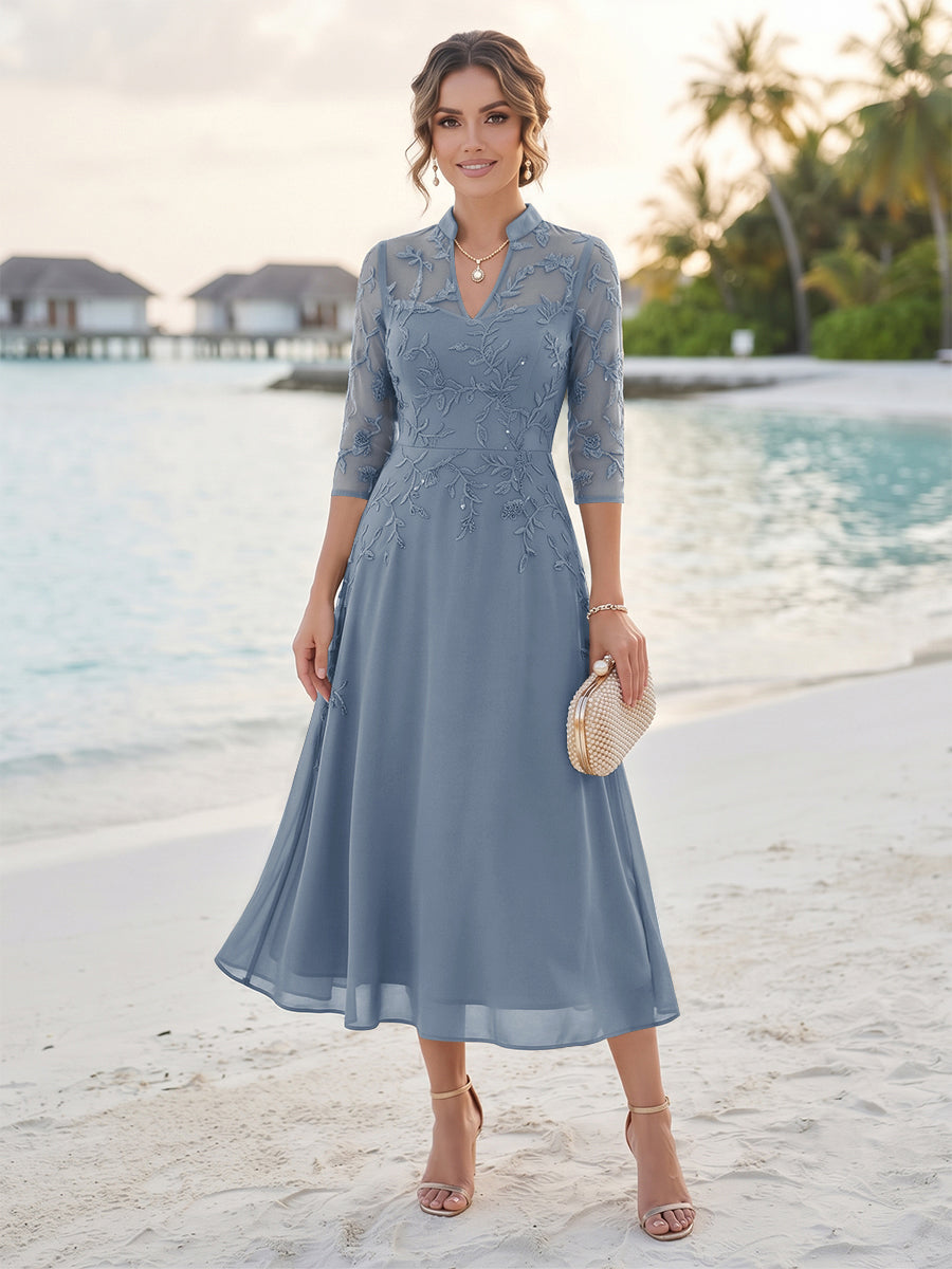 A-Line/Princess 3/4 Sleeves V-Neck Tea-Length Mother Of The Bride Dresses With Sequins &amp; Beading