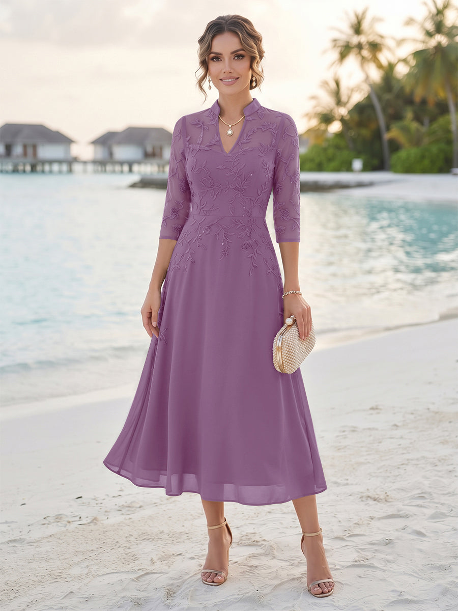 A-Line/Princess 3/4 Sleeves V-Neck Tea-Length Mother Of The Bride Dresses With Sequins &amp; Beading